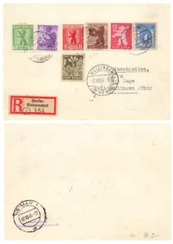 Alliierte Besetzungen Berlin Michel 1A - 7A auf R-Karte o Berlin Heinersdorf 29.9.1945 nach Mellingen