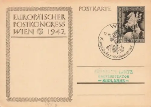 Deutsches Reich Ganzsache Postkongress FDC Sonderstempel Wien 12.10.1942