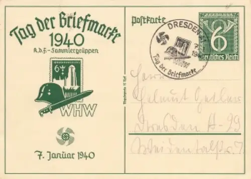 Tag der Briefmarke 1940 Ganzsache 149-C01 Sonderstempel Dresden WHW 7.1.1940
