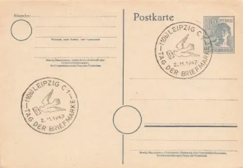 Tag der Briefmarke 1947 Ganzsache Sonderstempel Leipzig C1 2.11.1947