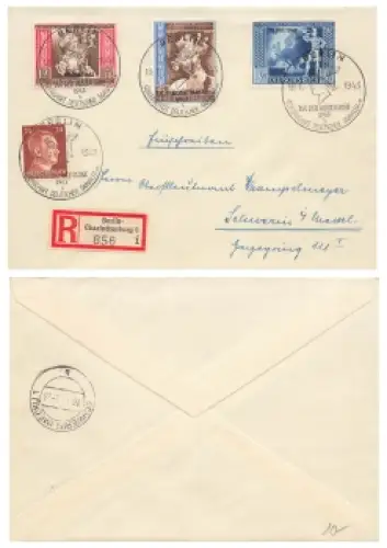 Postkongress mit Aufdruck Michel 823-825 auf R-Brief Sonderstempel Tag der Briefmarke 10.1.1943
