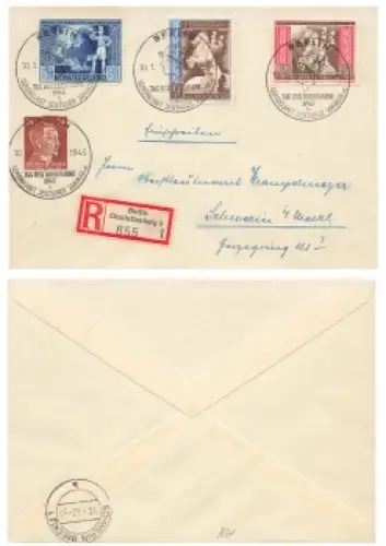 Postkongress Michel 820-822 auf R-Brief Sonderstempel Berlin Tag der Briefmarke 10.1.1943