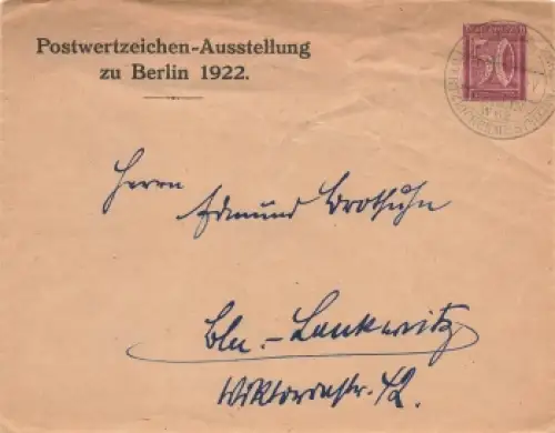 Berlin Postwertzeichenausstellung Privatganzsachenumschlag Sonderstempel 15.10.1922