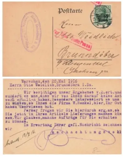 Russisch Polen 5 Pfennig Germania auf Karte o Warschau 25.5.1916