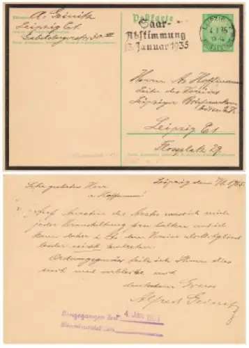 Hindenburg 5 Pfennig Ganzsache mit Trauerflor P233 o Leipzig 4.1.1935 Werbestempel zur Saar Abstimmung