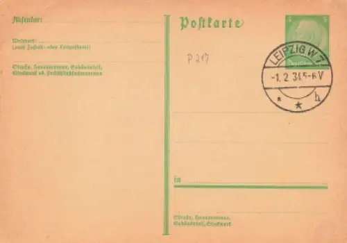 Hindenburg 5 Pfennig Ganzsache P217 o Leipzig W7 1.2.1934