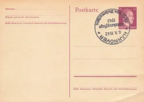 Adolf Hitler 15 Pfennig Ganzsache Sonderstempel Hannover 6.9.1942 Wehrkampftage der SA-Gruppe