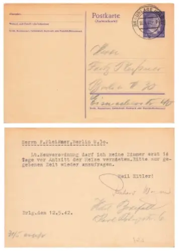 Adolf Hitler 6 Pfennig Ganzsache Antwortkarte o Braunlage 13.5.1942
