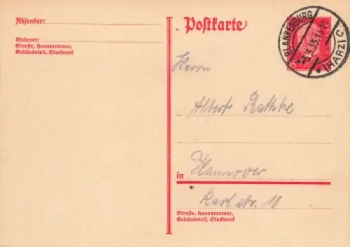Hindenburg 15 Pfennig Ganzsache o Blankenburg 3.3.1933 Datumsstempel