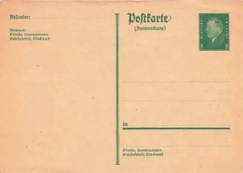 Friedrich Ebert 8 Pfennig Ganzsache Antwortkarte Deutsches Reich  *
