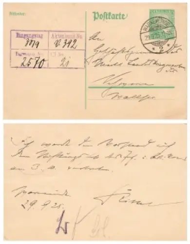 Rheinland Ganzsache P204 5 Pfennig 1924 o Warnemünde 29.9.1925