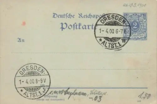 Krone Adler 2 Pfennig Reichspost Ganzsache  o Dresden 1.4.1900