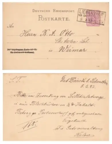 Krone Adler 5 Pfennig Reichspost Ganzsache Frageteil Katenstempel Liebenstein 8.3.1883