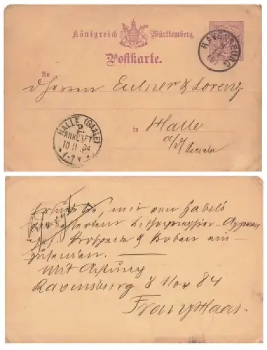 Württemberg 5 Pfennig Ganzsache o Ravensburg 8.11.1884 nach Halle