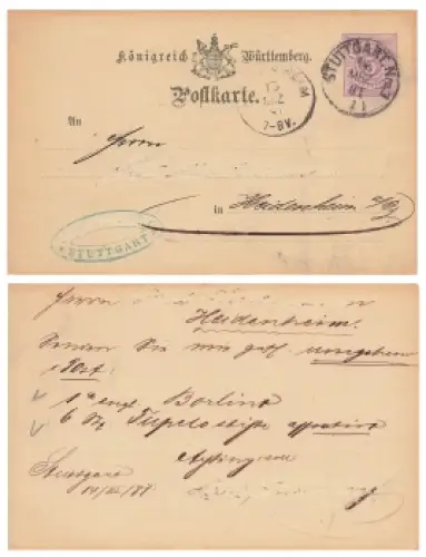 Württemberg 5 Pfennig Ganzsache o Stuttgart Nr.1 14.3.1881