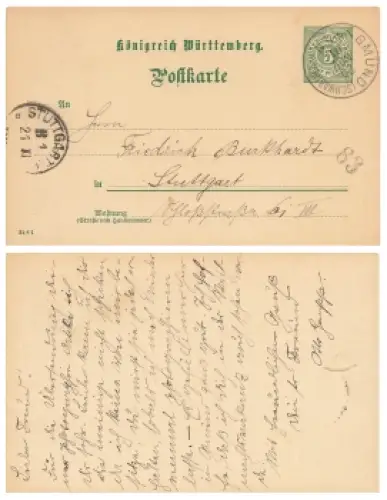 Württemberg 5 Pfennig Ganzsache o Gmünd 20.11.1901 nach Stuttgart