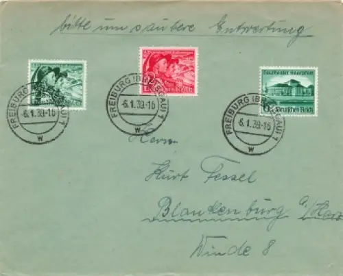 Sudetenland Michel 684 685 und Saarpfalz Michel 673 auf Brief o Freiburg 6.1.1939