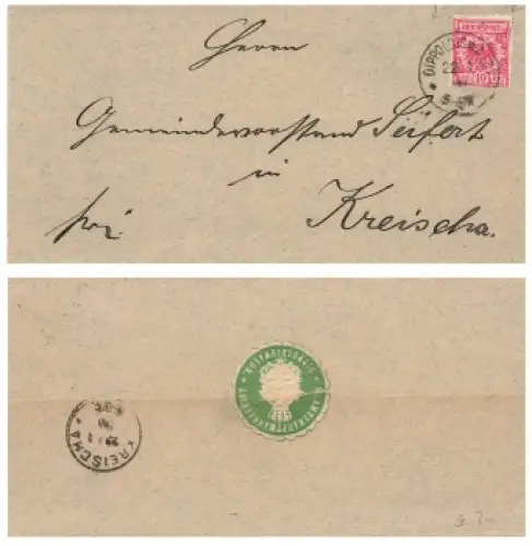 Krone 10 Pfennig Michel 47 auf Brief o Dippoldiswalde 22.3.1890 nach Kreischa