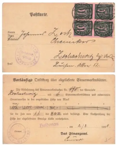 Wertziffern Dienstmarke Michel 71 Viererblock auf Postkarte o Heidenau 2.3.1923