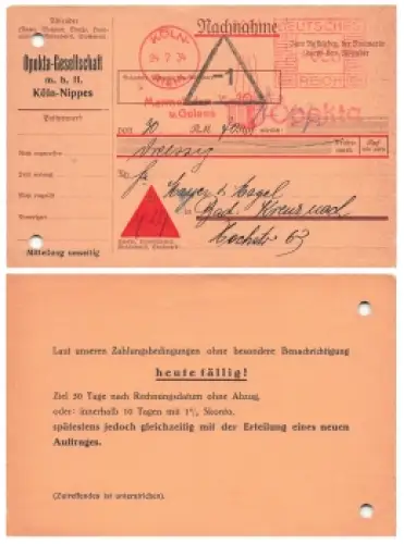 Köln Riehl Absenderfreistempel auf Nachnahme Opekta Marmeladen 24.7.1934