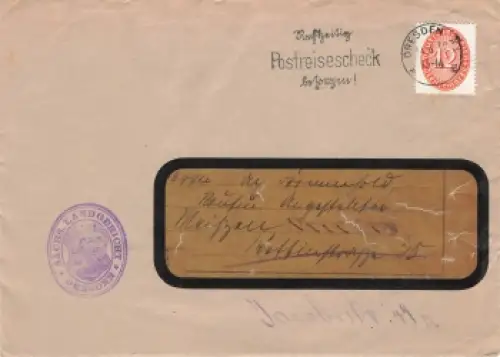 Wertziffern im Oval 12 Pfennig Dienstmarke Michel 129 X auf Brief o Dresden A1 14.4.1932