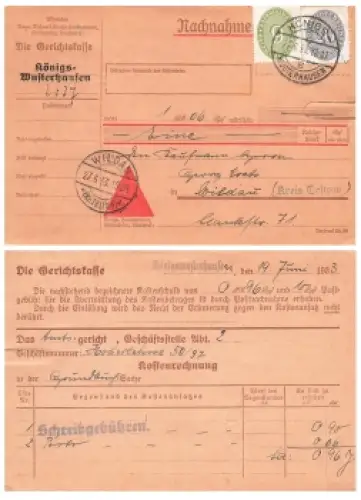 Wertziffern im Oval 20 und 6 Pfennig Dienstmarke Michel 126 128  auf Nachnahme Karte o Königs Wusterhausen 27.6.1933 nach Wildau