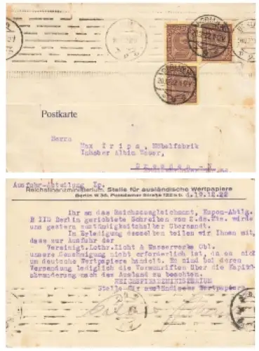 5 Mark Dienstmarke Michel 33 auf Karte der Reichsfinanzministeriums o Berlin W 20.12.1922