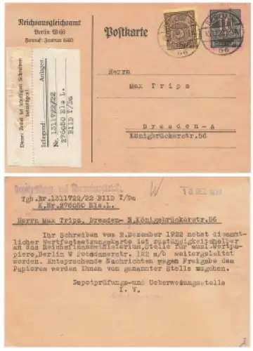 5 Mark 10 Mark Dienstmarke Michel 33 68 auf Karte des Reichsausgleichsamt o Berlin W 15.12.1922