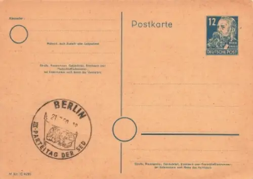Deutsche Post Friedrich Engels 12 Pfennig Ganzsache Sonderstempel Berlin 21.3.1950 III. Parteitag der SED