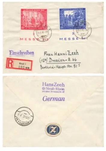 Alliierte Besetzung Michel 965-6 Unterrand Leipziger Messe R-Brief o Neuss 1 29.9.1947 nach Dresden