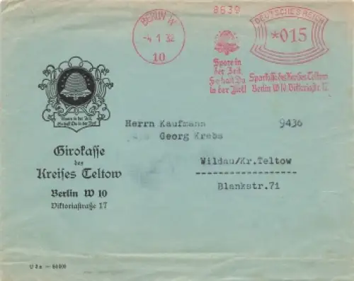 Girokasse Kreis Teltow Absenderfreistempel auf Brief o Berlin 4.1.1932 nach Wildau