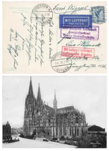 Köln Luftpostkarte mit Beförderungsstempel Dresden und Berlin 23.7.1930