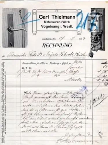 Vogelsang Köln Metallwaren Fabrik Carl Thielmann Briefkopf mit Kaffemühle 1913