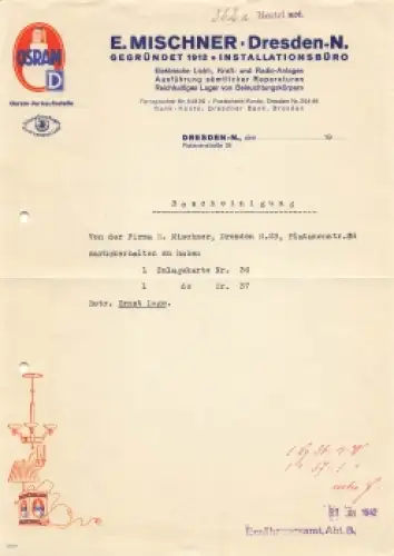 Dresden E. Mischner Platanenstrasse 28 Briefkopf mit Osram Werbung 1942