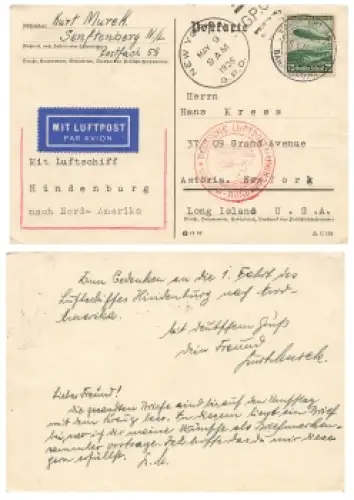 Luftschiff Hindenburg Karte  von Senftenberg nach New York o Frankfurt 6.5.1936