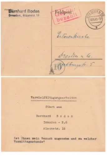 Gebühr bezahlt auf Ortskarte o Dresden 10.10.1945
