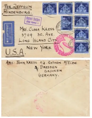 Zeppelinbrief LZ 129 Hindenburg Deutsche Luftpost Europa-Nordamerika mit Landpoststempel Kurort Rathen o 7.9.1936