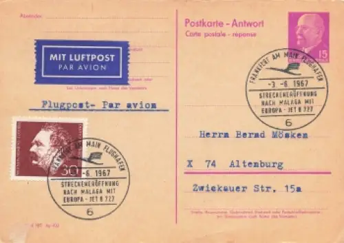 DDR 15 Pfennig Ganzsache Antwortteil Sonderstempel Erstflug Frankfurt Main Malaga mit Europa Jet B727 o 3.6.1967