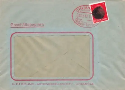 SBZ RPD Chemnitz AP 788 I mit ovalem Gebühr bezahlt Stempel Hitlerkopf Schwärzung Chemnitz 27.7.1945