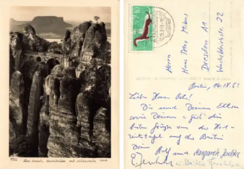 Elbsandsteingebirge Basteibrücke mit Lilienstein  Kletterfelsen o 1963 Verlag Hahn-Foto3208