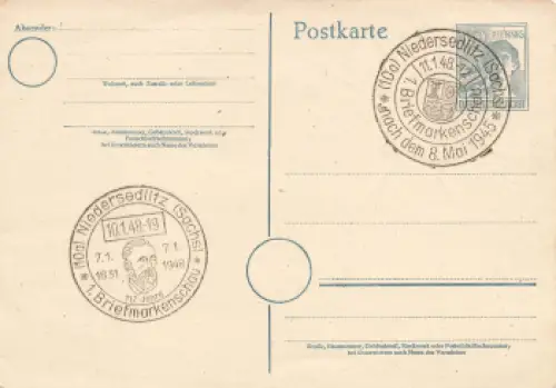 Ganzsache 12 Pfennig Gemeinschaftsausgabe Sonderstempel Briefmarkenschau Niedersedlitz 10.1.1948