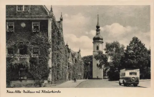Riesa Elbe Rathaus mit Klosterkirche Autobus * um 1930