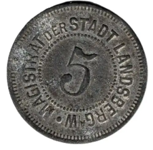 Landsberg Warthe Gorzów Wielkopolski Kleingeldersatz 5 Pfennig Notgeld Polen Ostbrandenburg