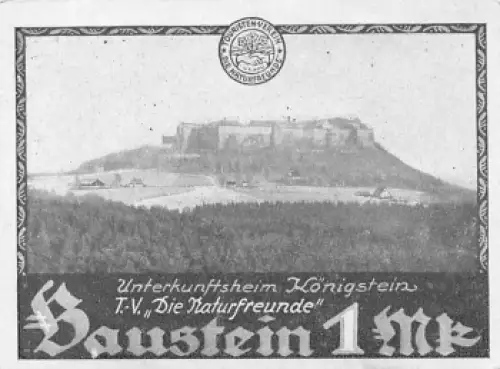 01824 Königstein Unterkunftshaus Sächsische Schweiz Baustein der Naturfreunde Spendenbeleg um 1920