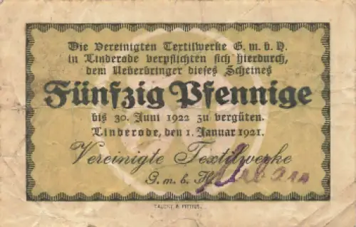 Linderode Textilwerke Notgeldschein Lipinki Luzyckie 1921