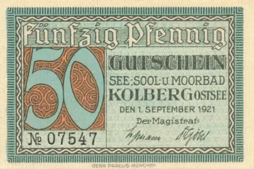Kolberg Ostsee Pommern Kołobrzeg Notgeldschein 1921
