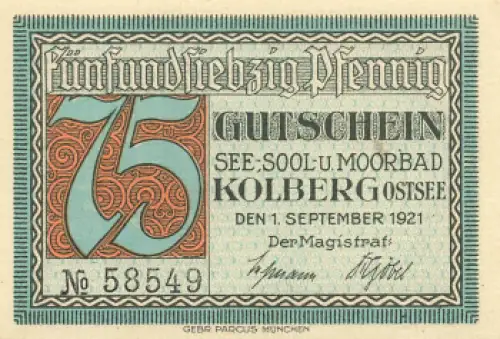 Kolberg Ostsee Pommern Kołobrzeg Notgeldschein 1921