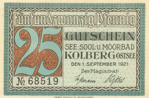 Kolberg Ostsee Pommern Kołobrzeg Notgeldschein 1921