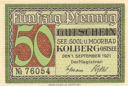 Kolberg Ostsee Pommern Kołobrzeg Notgeldschein 1921