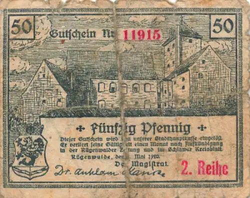 Rügenwalde Pommern Notgeldschein Darłowo 1920
